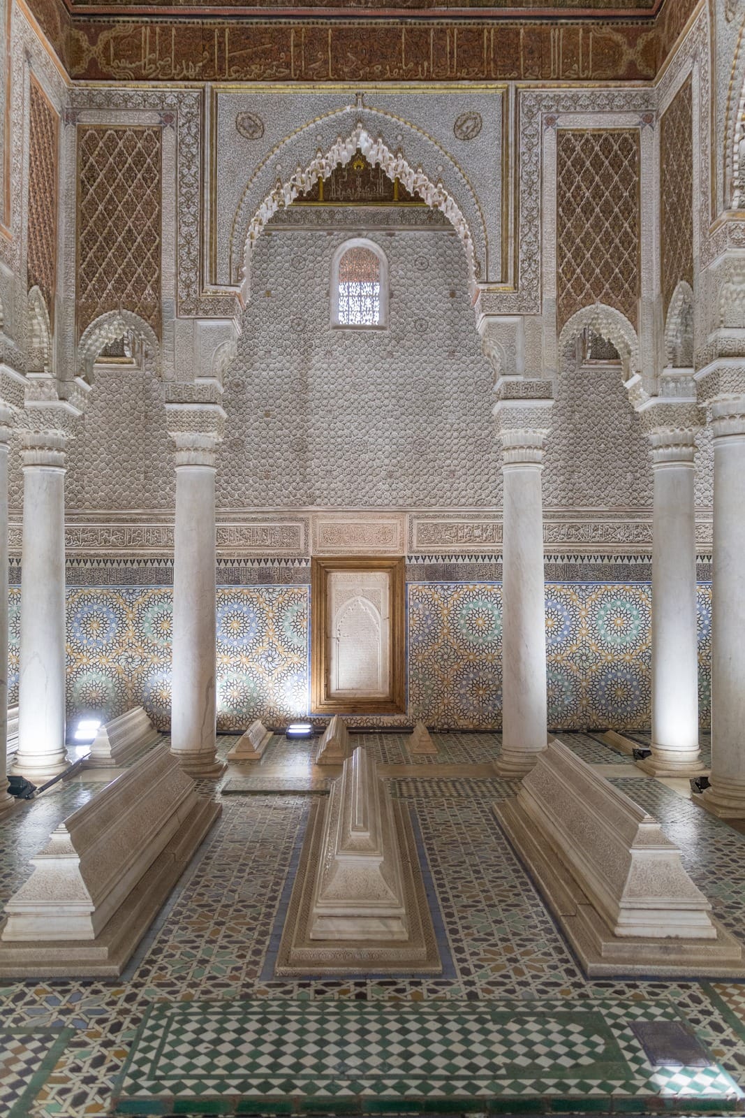 Carrara marble columns and zellige walls in the Hall of Twelve Columns, Saadian Tombs